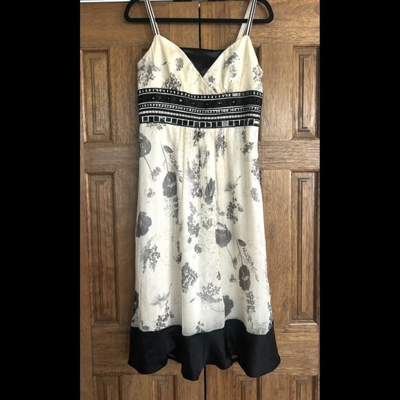 Laundry by‎ Shelli Segal Ivory Silk Floral Print Dress • Sz 12 • Bead Trim Lined - Picture 1 of 6